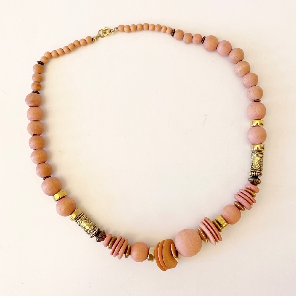 Chunky Pink Wooden + Gold Tone‎ Beaded Necklace